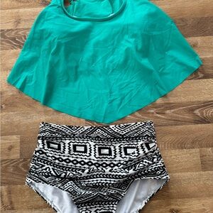 Teal Cape Top with Black and White Geometric High-Waisted Bikini Bottom